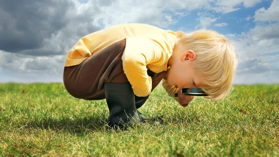 young child looking through magnifying glass